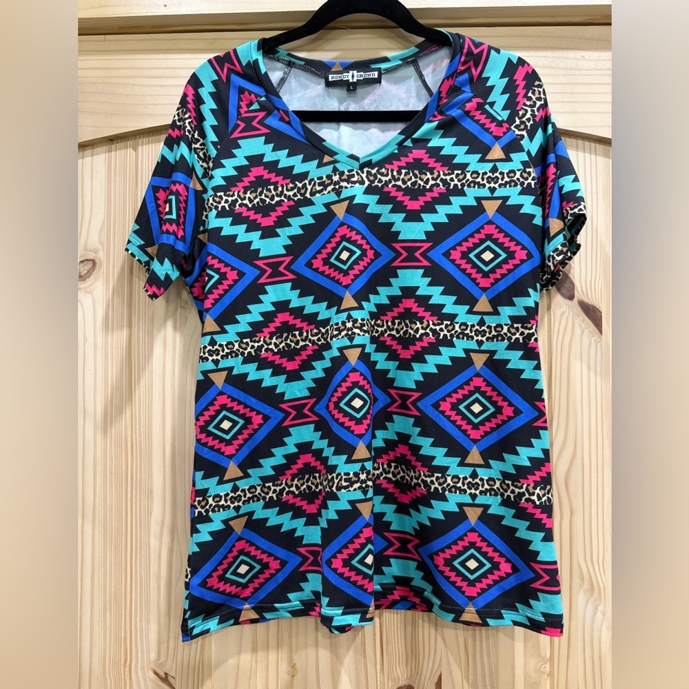 Aztec V-Neck Short Sleeve Top in Teal, Pink & Black
